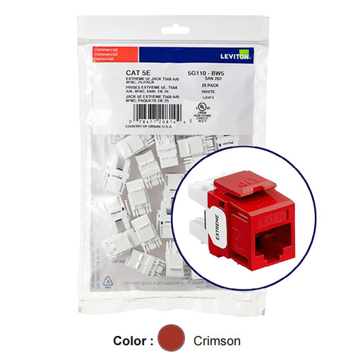 Leviton 5G110-BC5, EXTREME Cat 5e UTP Quickport Jack, 25-Pack, Crimson