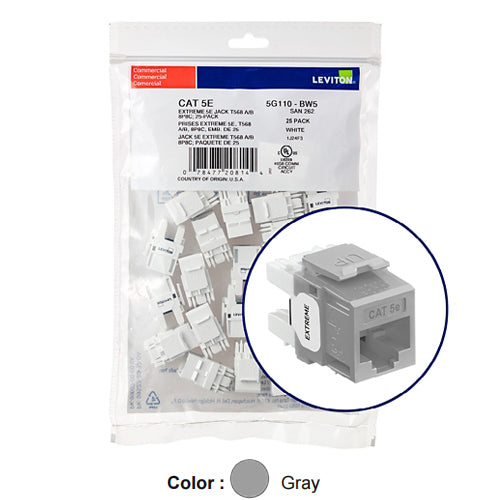 Leviton 5G110-BG5, EXTREME Cat 5e UTP Quickport Jack, 25-Pack, Gray