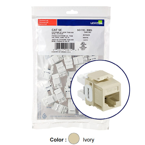 Leviton 5G110-BI5, EXTREME Cat 5e UTP Quickport Jack, 25-Pack, Ivory