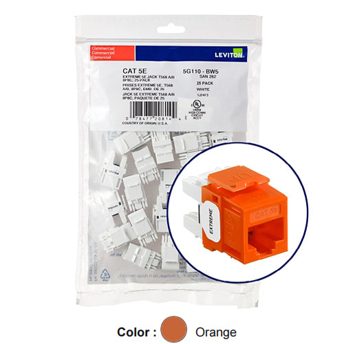 Leviton 5G110-BO5, EXTREME Cat 5e UTP Quickport Jack, 25-Pack, Orange