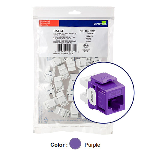 Leviton 5G110-BP5, EXTREME Cat 5e UTP Quickport Jack, 25-Pack, Purple