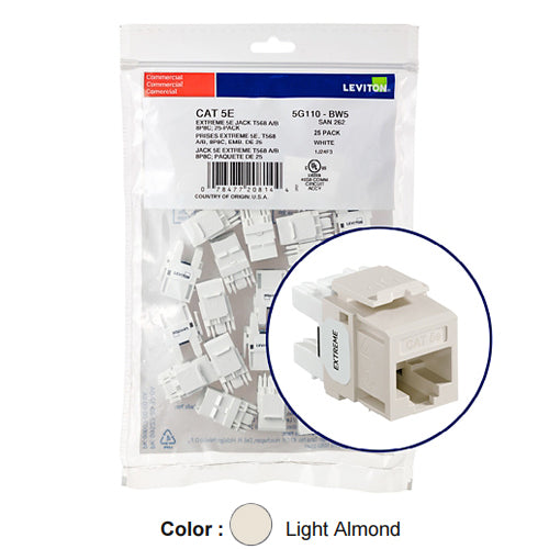 Leviton 5G110-BT5, EXTREME Cat 5e UTP Quickport Jack, 25-Pack, Light Almond