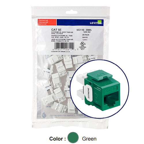 Leviton 5G110-BV5, EXTREME Cat 5e UTP Quickport Jack, 25-Pack, Green