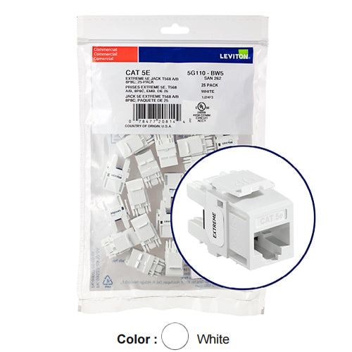 Leviton 5G110-BW5, EXTREME Cat 5e UTP Quickport Jack, 25-Pack, White