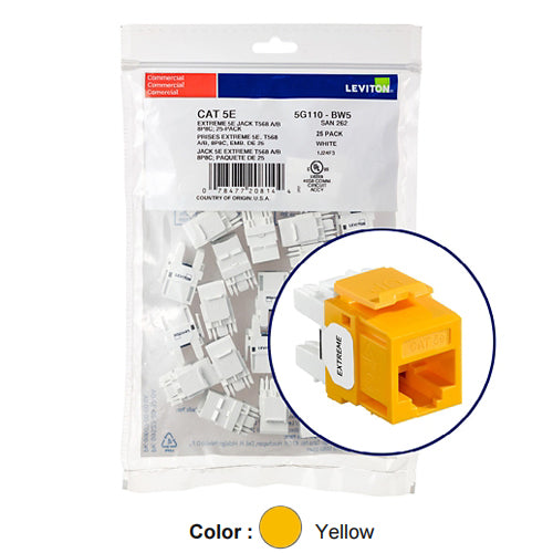 Leviton 5G110-BY5, EXTREME Cat 5e UTP Quickport Jack, 25-Pack, Yellow
