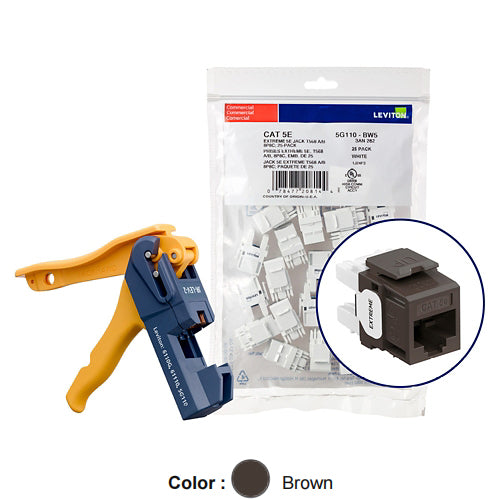 Leviton 5G110-JB5, EXTREME Cat 5e UTP Quickport Jack, Kitted with JackRapid Tool, 150-Pack, Brown