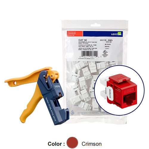 Leviton 5G110-JC5, EXTREME Cat 5e UTP Quickport Jack, Kitted with JackRapid Tool, 150-Pack, Crimson