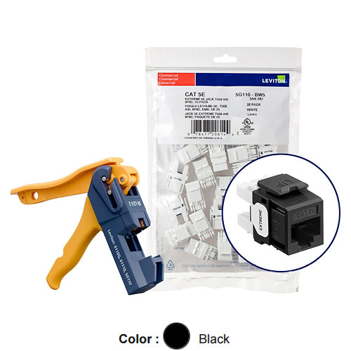 Leviton 5G110-JE5, EXTREME Cat 5e UTP Quickport Jack, Kitted with JackRapid Tool, 150-Pack, Black