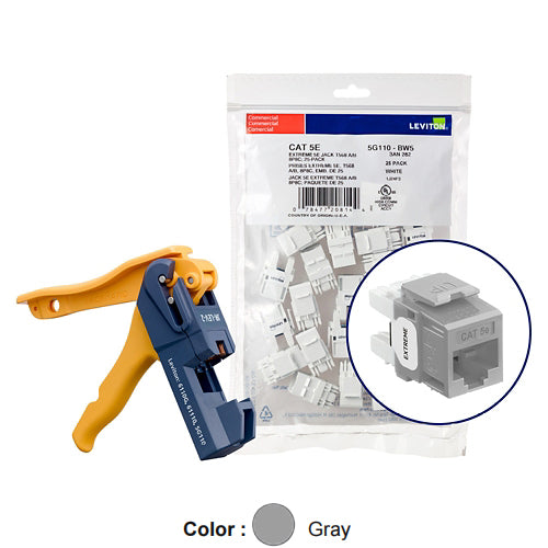 Leviton 5G110-JG5, EXTREME Cat 5e UTP Quickport Jack, Kitted with JackRapid Tool, 150-Pack, Gray