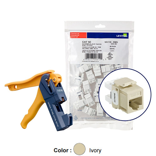 Leviton 5G110-JI5, EXTREME Cat 5e UTP Quickport Jack, Kitted with JackRapid Tool, 150-Pack, Ivory