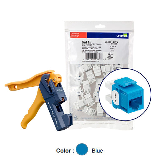Leviton 5G110-JL5, EXTREME Cat 5e UTP Quickport Jack, Kitted with JackRapid Tool, 150-Pack, Blue