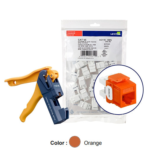 Leviton 5G110-JO5, EXTREME Cat 5e UTP Quickport Jack, Kitted with JackRapid Tool, 150-Pack, Orange