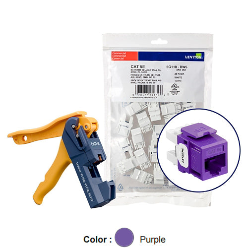 Leviton 5G110-JP5, EXTREME Cat 5e UTP Quickport Jack, Kitted with JackRapid Tool, 150-Pack, Purple