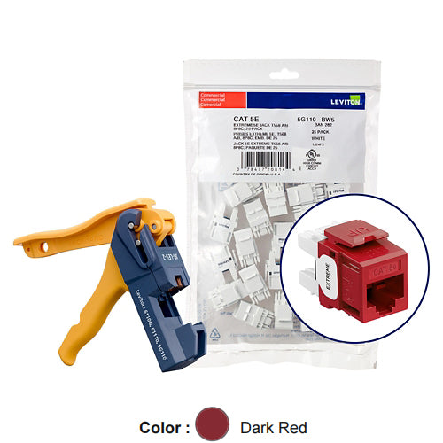 Leviton 5G110-JR5, EXTREME Cat 5e UTP Quickport Jack, Kitted with JackRapid Tool, 150-Pack, Dark Red