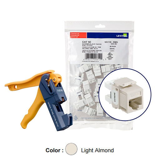 Leviton 5G110-JT5, EXTREME Cat 5e UTP Quickport Jack, Kitted with JackRapid Tool, 150-Pack, Light Almond