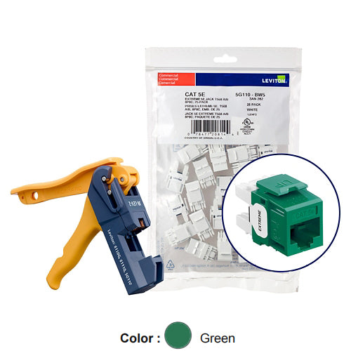 Leviton 5G110-JV5, EXTREME Cat 5e UTP Quickport Jack, Kitted with JackRapid Tool, 150-Pack, Green