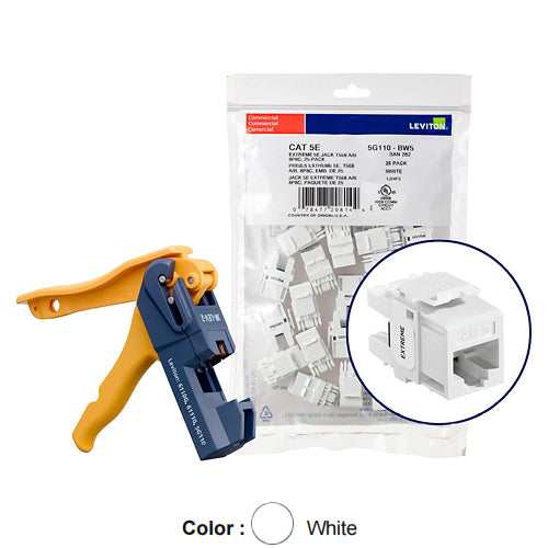 Leviton 5G110-JW5, EXTREME Cat 5e UTP Quickport Jack, Kitted with JackRapid Tool, 150-Pack, White