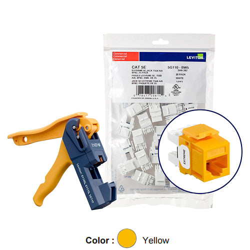 Leviton 5G110-JY5, EXTREME Cat 5e UTP Quickport Jack, Kitted with JackRapid Tool, 150-Pack, Yellow
