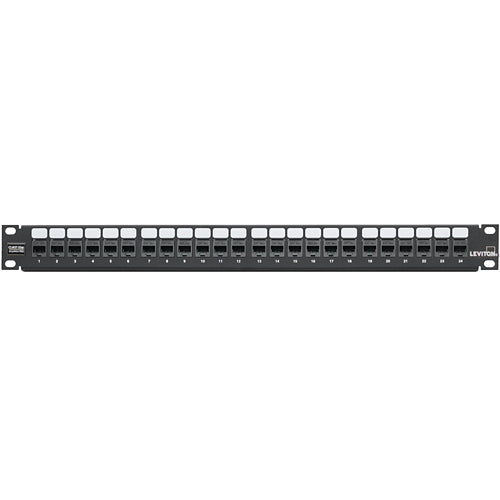 Leviton 5G270-U24, Cat 5e Flat Quickport Patch Panel, 24-Port, 1RU, Cable Management Bar Included, Black