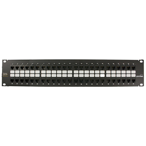 Leviton 5G270-U48, Cat 5e Flat Quickport Patch Panel, 48-Port, 2RU, Cable Management Bar Included, Black