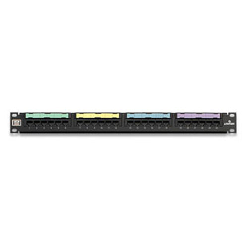 Leviton 5G596-U24, Cat 5e Flat 110-Style Patch Panel, 24-Port, 1RU, Cable Management Bar Included, Black