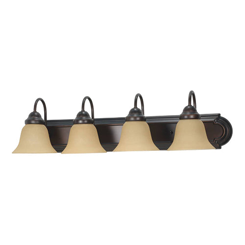 Satco 60-1266, Ballerina, 4 Light, 30" Wall Mounted Vanity Fixture, 100W, 120V, Medium Base, Champagne Linen Washed Glass, Replaceable Light Source, Mahogany Bronze/Champagne Finish