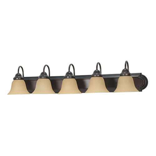 Satco 60-1267, Ballerina, 5 Light, 36" Wall Mounted Vanity Fixture, 100W, 120V, Medium Base, Champagne Linen Washed Glass, Replaceable Light Source, Mahogany Bronze/Champagne Finish