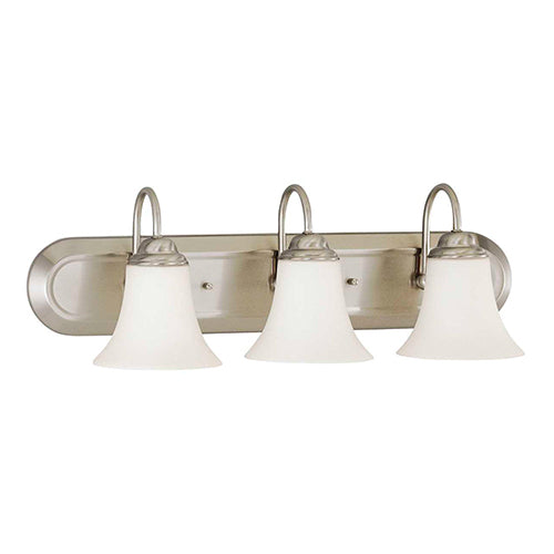 Satco 60-1834, Dupont, 3 Light, Vanity Lighting Fixture, 100W, 120V, Medium Base, Satin White Glass, Brushed Nickel Finish
