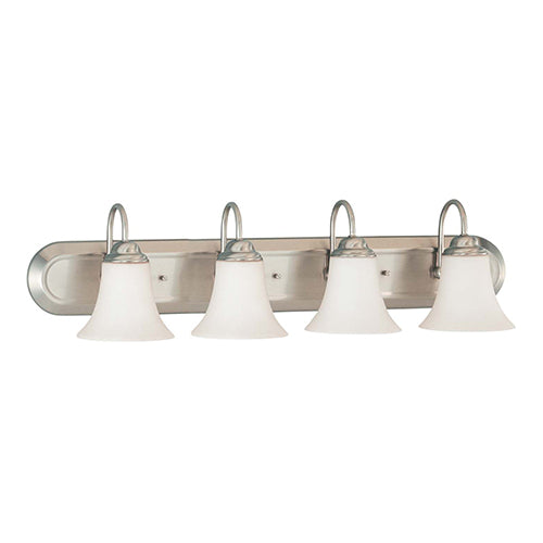 Satco 60-1835, Dupont, 4 Light, Vanity Lighting Fixture, 100W, 120V, Medium Base, Satin White Glass, Brushed Nickel Finish