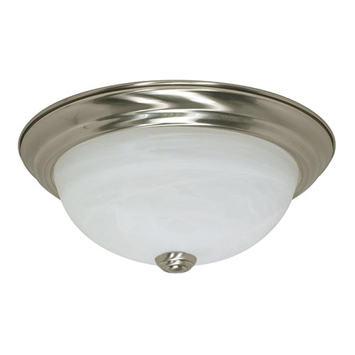 Satco 60-197, 2 Light, 11" Flush Mount Ceiling Light Fixture, 60W, 120V, Medium Base, Alabaster Glass Shade, Replaceable Light Source, Brushed Nickel Finish
