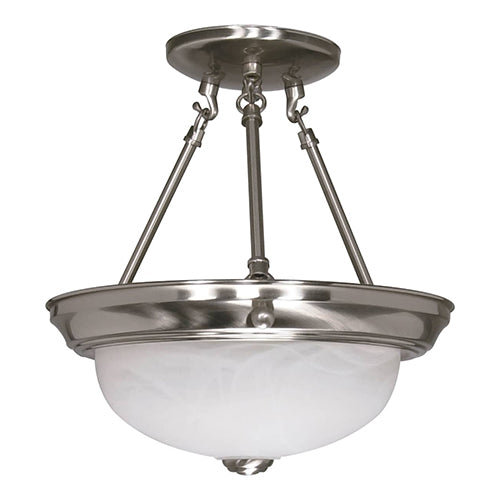 Satco 60-200, 2 Light, 11" Semi Flush Mount Ceiling Light Fixture, 60W, 120V, Medium Base, Alabaster Glass Shade, Replaceable Light Source,  Brushed Nickel Finish