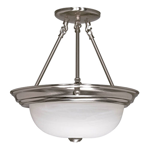 Satco 60-202, 3 Light, 15" Semi Flush Mount Ceiling Light Fixture, 60W, 120V, Medium Base, Alabaster Glass Shade, Replaceable Light Source,  Brushed Nickel Finish