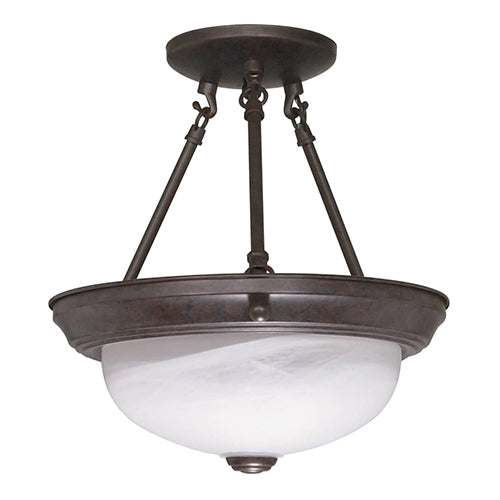 Satco 60-208, 2 Light, 11" Semi Flush Mount Ceiling Light Fixture, 60W, 120V, Medium Base, Alabaster Glass Shade, Replaceable Light Source, Old Bronze Finish
