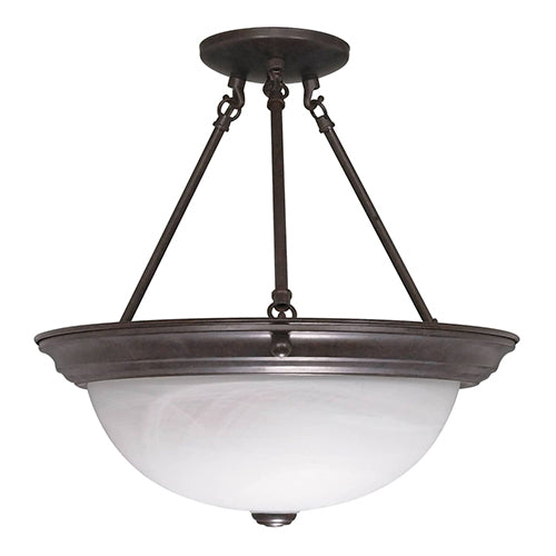 Satco 60-210, 3 Light, 15" Semi Flush Mount Ceiling Light Fixture, 60W, 120V, Medium Base, Alabaster Glass Shade, Replaceable Light Source, Old Bronze Finish