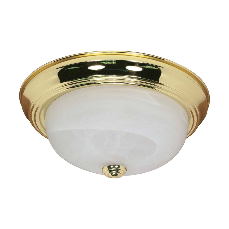 Satco 60-214, 2 Light, 13" Flush Mount Ceiling Light Fixture, 60W, 120V, Medium Base, Alabaster Glass Shade, Replaceable Light Source, Polished Brass Finish
