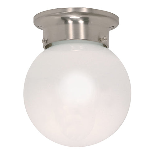 Satco 60-245, 1 Light, 6" Ball Ceiling Light Fixture, 60W, 120V, Medium Base, White Glass, Replaceable Light Source, Brushed Nickel Finish