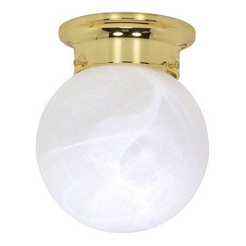 Satco 60-255, 1 Light, 6" Ball Ceiling Light Fixture, 60W, 120V, Medium Base, Alabaster Glass, Replaceable Light Source, Polished Brass Finish