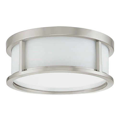 Satco 60-2859, Odeon, 2 Light, 13" Flush Mount Ceiling Light Fixture, 60W, 120V, Medium Base, Satin White Glass, Brushed Nickel Finish