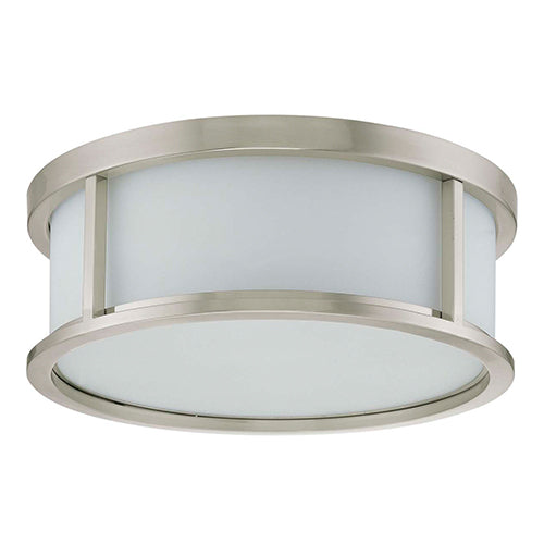 Satco 60-2862, Odeon, 3 Light, 15" Small Flush Mount Ceiling Light Fixture, 60W, 120V, Medium Base, Satin White Glass, Brushed Nickel Finish