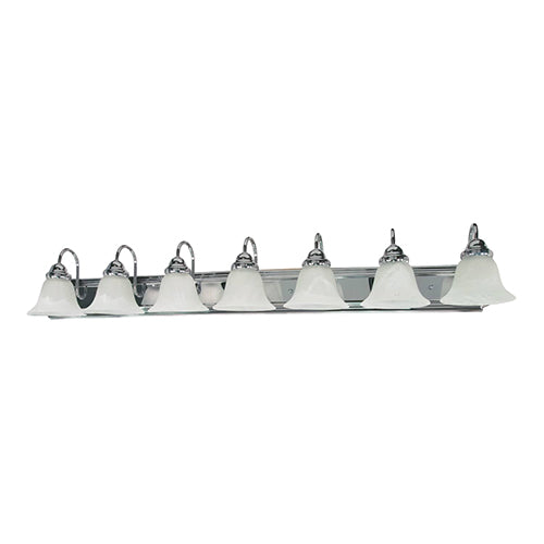 Satco 60-290, Ballerina, 7 Light, 48" Wall Mounted Vanity Fixture, 100W, 120V, Medium Base, Alabaster Glass, Replaceable Light Source, Polished Chrome Finish