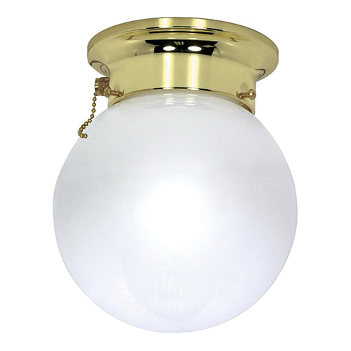 Satco 60-295, 1 Light, 6" Ball Ceiling Light Fixture, 60W, 120V, Medium Base, White Glass, Replaceable Light Source, Polished Brass Finish
