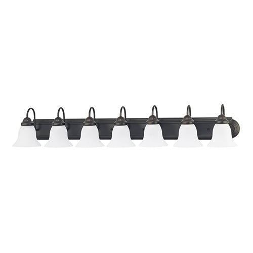 Satco 60-3155, Ballerina, 7 Light, 48" Vanity Light Fixture, 100W, 120V, Medium Base, Frosted White Glass, Mahogany Bronze Finish