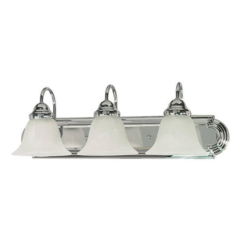 Satco 60-317, Ballerina, 3 Light, 24" Wall Mounted Vanity Fixture, 100W, 120V, Medium Base, Alabaster Glass, Replaceable Light Source, Polished Chrome Finish