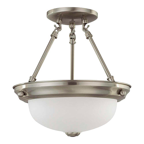 Satco 60-3244, 2 Light, 11" Semi-Flush Mount Ceiling Light Fixture, 60W, 120V, Medium Base, Frosted White Glass, Brushed Nickel Finish