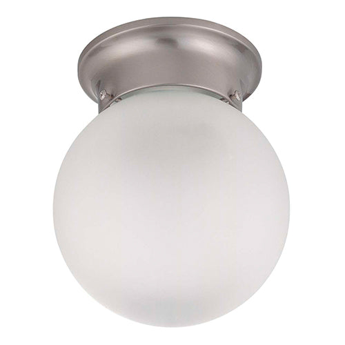 Satco 60-3249, 1 Light, 6" Flush Mount Ceiling Light Fixture, 60W, 120V, Medium Base, Frosted White Glass, Brushed Nickel Finish