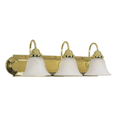 Satco 60-329, Ballerina, 3 Light, 24" Wall Mounted Vanity Fixture, 100W, 120V, Medium Base, Alabaster Glass, Replaceable Light Source, Polished Brass Finish