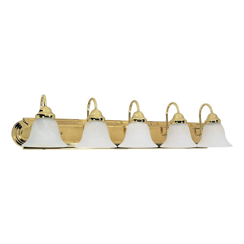 Satco 60-331, Ballerina, 5 Light, 36" Wall Mounted Vanity Fixture, 100W, 120V, Medium Base, Alabaster Glass, Replaceable Light Source, Polished Brass Finish