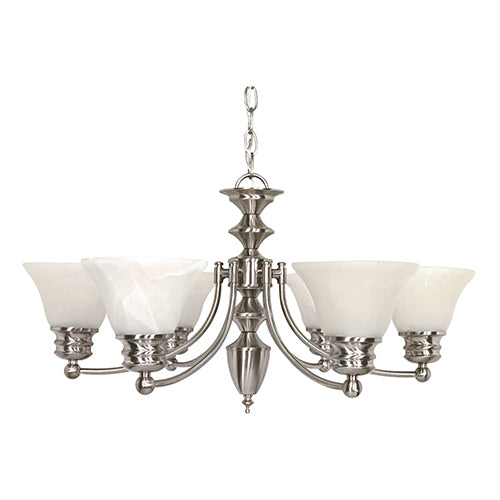 Satco 60-356, Empire, 6 Light, 26" Chandelier Light Fixture, 60W, 120V, Medium Base, Alabaster Glass, Replaceable Light Source, Brushed Nickel Finish