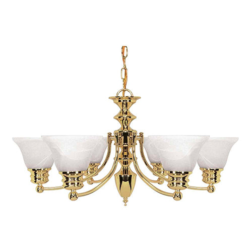 Satco 60-357, Empire, 6 Light, 26" Chandelier Light Fixture, 60W, 120V, Medium Base, Alabaster Glass, Replaceable Light Source, Polished Brass Finish