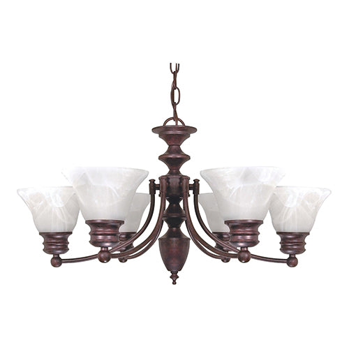 Satco 60-358, Empire, 6 Light, 26" Chandelier Light Fixture, 60W, 120V, Medium Base, Alabaster Glass, Replaceable Light Source, Old Bronze Finish